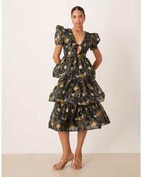 True Decadence - Plunge Neck Tiered Midi Dress - Lyst