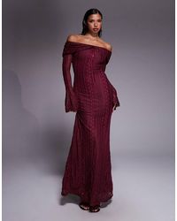 Aria Cove - Pointelle Knit Bardot Flare Sleeve Maxi Dress - Lyst