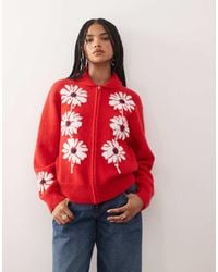 Reclaimed Vintage - Knit Zip Up Cardigan With Flower Detail - Lyst