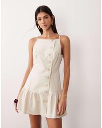SNDY'S - Linen & Cotton Blend Square Neck Button Detail Ruffle Hem Mini Dress - Lyst