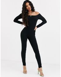 ASOS Off Shoulder Long Sleeve Unitard With Long Leg - Black