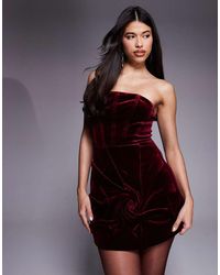 ASOS - Premium Velvet Bandeau Corseted Mini Dress With Ruched Flower Illusion - Lyst