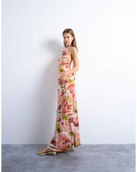 TOPSHOP - Robe mi-longue dos nu à col montant et imprimé fleurs abstraites oversize - Lyst