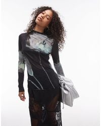 TOPSHOP - Crinkle High Neck Blurred Floral Long Sleeve Top - Lyst