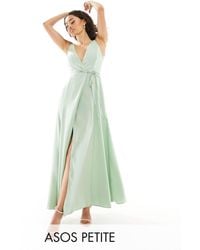 ASOS - Asos Design Petite Bridesmaid Satin Wrap Maxi Dress With Tie Detail - Lyst