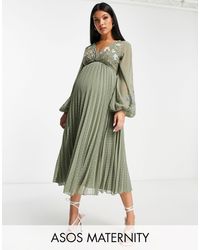 ASOS - Asos Design Maternity Textured Twist Front Pleated Midi Dress With All-over Embroidery - Lyst