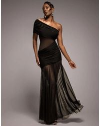 Goddiva - Gathered One Shoulder Sheer Panel Maxi Dress - Lyst