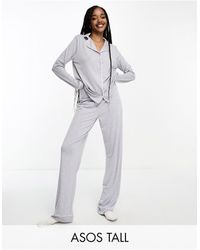 ASOS - Asos Design Tall Soft Jersey Long Sleeve Shirt & Trouser Pyjama Set With Contrast Piping - Lyst