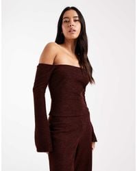 ASOS - Top Marrón Con Escote Bardot De Canalé Cepillado De (Parte De Un Conjunto) - Lyst