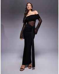 Kaiia - – exclusive – zweilagiges maxikleid mit carmen-ausschnitt, transparentem einsatz und gerafftem rock aus fließendem stoff - Lyst