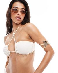South Beach - Top Bikini A Triangolo Rovesciato Color Crema Stropicciato Decorato - Lyst