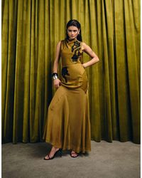 ASOS - Satin Drape Back Lace Applique Maxi Dress With Godets - Lyst
