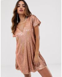 TFNC London Sequin Shift Dress In Rose Gold - Pink