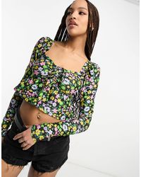Miss Selfridge - Long Puff Sleeve Floral Shirred Top - Lyst