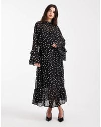 Object - Vestido Largo Negro De Estilo Bohemio Con Estampado De Lunares Blancos Y Volantes De - Lyst