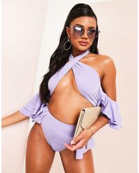 ASOS - Top bikini lilla incrociato sul collo con volant - Lyst