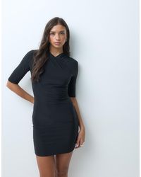 Kaiia - Exclusive Double Sculpted Slinky Wrap Front Detail 3/Sleeve Mini Dress - Lyst