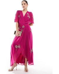 Hope & Ivy - Embellished Flutter Sleeve Maxi Wrap Dress With Tie Waist - Lyst
