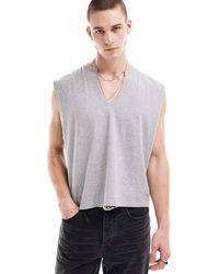 ASOS - Camiseta Gris Jaspeado Extragrande Sin Mangas Con Cuello De Pico De - Lyst