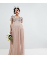 Maya Maternity V Neck Maxi Tulle Dress With Tonal Delicate Sequins - Brown