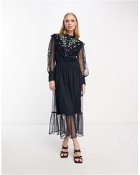 French Connection - Robe longue en tulle avec broderies - marine - Lyst