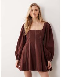 ASOS - Square Neck Twill Mini Dress With Puff Sleeve And Contrast Stitching - Lyst