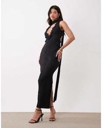 ASOS - Plisse Plunge Neck Midi Dress With Scarf Detail And Lace Trim - Lyst