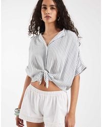 ONLY - Cropped Overhemd Met Geknoopte Voorkant En Groene Strepen - Lyst