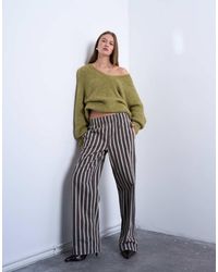 TOPSHOP - Broek Met Brede Strepen En Rechte Pijpen En Elastische Taille - Lyst