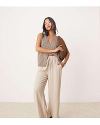 Vila - Pantalones Color Piedra De Pernera Ancha Con Lazada En La Cintura Y Tacto Efecto Lino De -Beis Neutro - Lyst