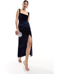 ASOS - Velvet Plunge Square Neck Midi Dress With Draped Skirt - Lyst