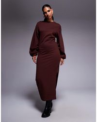 ASOS - Robe sweat mi-longue en coton à manches ballon - chocolat - Lyst