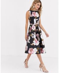 Chi Chi London Prom Satin Midi Skater Dress In Dark Floral - Multicolour