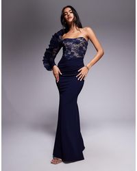 Goddiva - One Shoulder Organza Fan Detail Lace Bodice Maxi Dress - Lyst