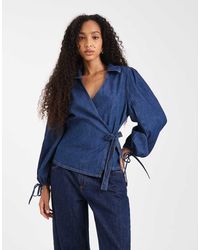 ASOS - Denim Wrap Top With Balloon Sleeves - Lyst