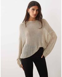 Lioness - Bloom Cotton Blend Sheer Metallic Long Sleeve Crew Neck Boxy Knit Top - Lyst
