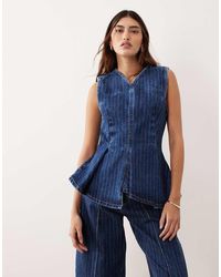 ARRANGE - Stitch Stripe Denim Pleated V Neck Top Co-ord - Lyst