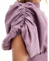 ASOS - Vestido Midi Con Falda Entallada, Cuello Alto Y Mangas Voluminosas De -Morado - Lyst