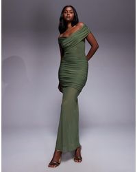 Kaiia - Exclusivité - - robe longue près du corps double épaisseur à épaules dénudées et ourlet transparent en tulle - olive - Lyst