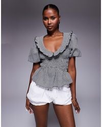 River Island - Puff Sleeve Gingham Shirred Top - Lyst