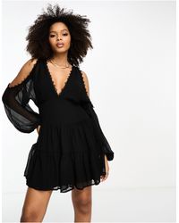 ASOS - Cold Shoulder Tiered Mini Dress With Lace Insert - Lyst