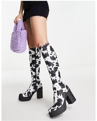 lamoda knee high chunky heel boots in black
