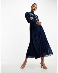ASOS - High-neck Pleated Long-sleeved Skater Midi Dress With Embroidery - Lyst