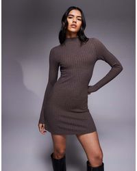 ASOS - Ribbed High Neck Mini Dress With Tie Waist Chocolate - Lyst