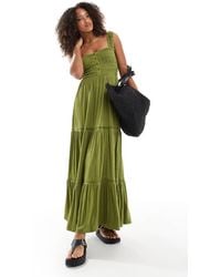 ASOS - Ruched Square Neck Tiered Midi Dress With Lace Inserts - Lyst