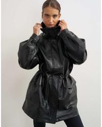 TOPSHOP - Faux Leather Cinch Waist Funnel Neck Jacket - Lyst