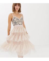 Needle & Thread Embroidered Tiered Tulle Midi Dress In Rose - Pink