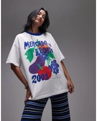 TOPSHOP - Camiseta Blanca Extragrande Con Ribetes En Contraste Y Estampado Gráfico "Mercado De Porto" De Punto Liso De - Lyst