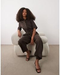Mango - Linen Mix Belted Short Sleeve Jumpsuit - Lyst