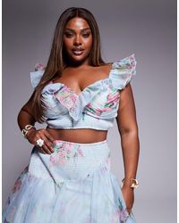 ASOS - Curve - crop top d'ensemble volanté à imprimé fleuri et bonnets préformés froncés - Lyst